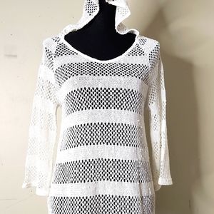 White Crochet open back  long sleeve hooded swim cover-up